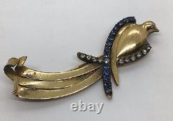 Bird Of Paradise Brooch Ribbon Curl Gold Tone Antique Blue Rhinestone