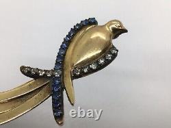 Bird Of Paradise Brooch Ribbon Curl Gold Tone Antique Blue Rhinestone