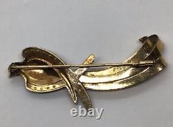 Bird Of Paradise Brooch Ribbon Curl Gold Tone Antique Blue Rhinestone