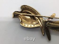 Bird Of Paradise Brooch Ribbon Curl Gold Tone Antique Blue Rhinestone