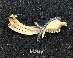 Bird Of Paradise Brooch Ribbon Curl Gold Tone Antique Blue Rhinestone