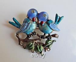 Blue Birds Love Pair Vtg Pot Metal Pin Brooch Enamel Rhinestones Rare