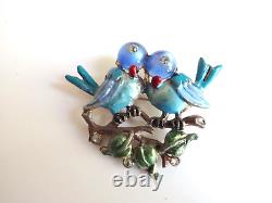 Blue Birds Love Pair Vtg Pot Metal Pin Brooch Enamel Rhinestones Rare