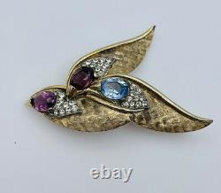 Boucher Vintage Gold Plated Rhinestone & Purple Glass Abstract Bird Pin