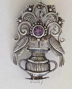 C1910 Jugendstil silver amethyst birds and urn brooch / pendant Fahrner style