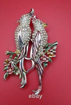 CORO DUETTE Rhodium Enamel Birds of Paradise Vintage Pin Brooch Fur Clip