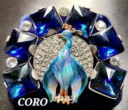 CORO Early Script Enamel Figural Peacock Bird Vintage Brooch Pin RARE