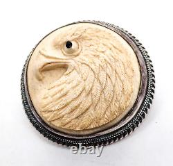 Carved Natural American Eagle vintage sterling silver bird cameo pendant brooch
