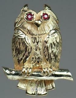 Charming Vintage Solid 9K Gold Ruby Eyes Textured Owl On Branch Brooch Pin