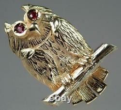 Charming Vintage Solid 9K Gold Ruby Eyes Textured Owl On Branch Brooch Pin