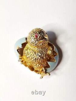 Chick in egg vintage gold tone metal enamel chicken bird pin crown Trifari