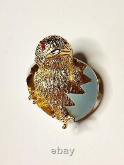 Chick in egg vintage gold tone metal enamel chicken bird pin crown Trifari