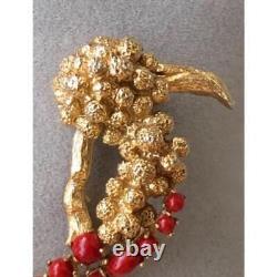 Christian Dior Vintage Gold Plated Red Coral Bird Brooch used from Japan bk916