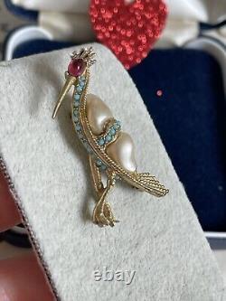 Ciner brooch bird heron vintage 1950s turquoise rhinestones red signet rare