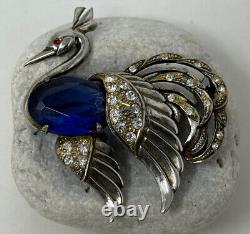 Cool Vintage Blue Jelly Belly Rhinestone Swan Peacock Brooch