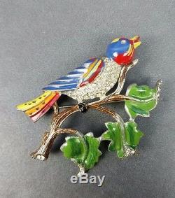 Coro Brooch Enamel Bird Branch Rhinestone 1940s Signed Colorful PIN Vintage