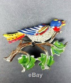 Coro Brooch Enamel Bird Branch Rhinestone 1940s Signed Colorful PIN Vintage