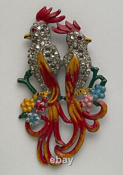 Coro Duette Bird Brooch Pin Art Deco Enamel Rhinestones Flowers Book Piece Vtg