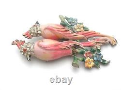 Coro Duette Pink Bird Enamel Rhinestones Fur Clips Brooch Pin Set Vintage