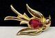 Coro Pegasus Signed Brooch Rare Vintage 2 Gilt Red Rhinestone Bird Pin A4