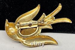 Coro Pegasus Signed Brooch Rare Vintage 2 Gilt Red Rhinestone Bird Pin A4