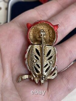 Coro brooch bird Owl Vintage Antique 1960's Red Enamel Rare For Collection
