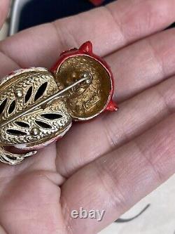 Coro brooch bird Owl Vintage Antique 1960's Red Enamel Rare For Collection