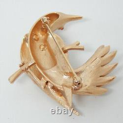 Crown Trifari C Golden'song-bird' Pink Cabochon Eye Mid-century Vtg Pin Brooch