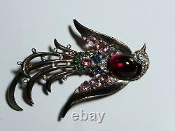 Crown Trifari Sterling Silver Lyre Bird Of Paradise Rhinestone Glass Brooch