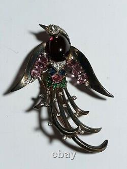 Crown Trifari Sterling Silver Lyre Bird Of Paradise Rhinestone Glass Brooch