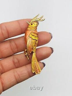 Cute Vtg BOUCHER 8647P Orange Yellow Enamel Red Eye Parrot Bird Pin Brooch