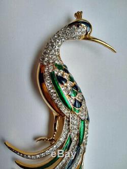 D'orlane Peacock Bird Brooch Pin Gold Plated Blue Green Enamel Crystals Vintage