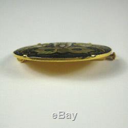 Damascene Brooch Birds Flower Goldtone Oval 1.75 In Pin Unsigned Vintage