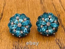 Deco Vtg Sterling Silver Turquoise Blue Clear Rhinestone Pin Brooch Earrings Set