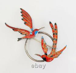 Delicate vintage sterling silver red enamel birds pin A. Dragsted Denmark