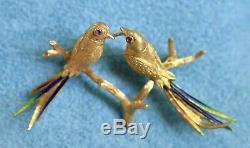 Designer ALDO GARAVELLI Italy 18K Gold Enamel Ruby Love Birds Vintage Brooch Pin