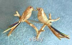 Designer ALDO GARAVELLI Italy 18K Gold Enamel Ruby Love Birds Vintage Brooch Pin