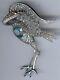 Designer Vintage Rhodium Rhinestone Blue Faceted Glass Crane Bird Pin Brooch