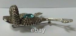 Designer Vintage Rhodium Rhinestone Blue Faceted Glass Crane Bird Pin Brooch