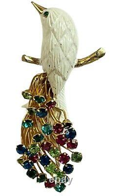 EXQUISITE Vintage CASTLECLIFF White Enamel & Rhinestone Figural BIRD Brooch Pin