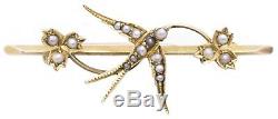 Edwardian 15 Kt Yellow Gold Pearls Flying Bird Brooch Impeccable Antique