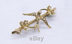 Edwardian 15 Kt Yellow Gold Pearls Flying Bird Brooch Impeccable Antique