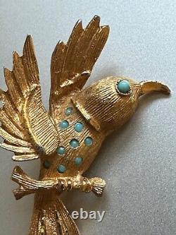 Elegant Vintage French Designer Brooch Golden Bird withTurquoise cabochons 2