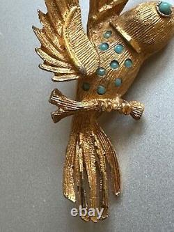 Elegant Vintage French Designer Brooch Golden Bird withTurquoise cabochons 2