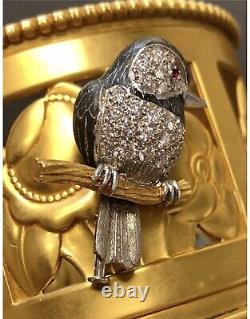 Estate Vintage 18K Edward Wolfe Enamel Diamond Ruby Humming Bird Brooch Pin