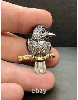 Estate Vintage 18K Edward Wolfe Enamel Diamond Ruby Humming Bird Brooch Pin