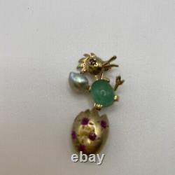 Estate vintage 14K rubies jade pearl bird brooch pin