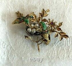Exquisite Antique 18K Gold Enamel Pearl Love Birds in Nest Brooch Pin