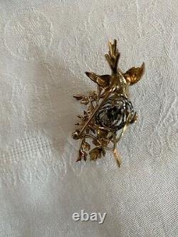 Exquisite Antique 18K Gold Enamel Pearl Love Birds in Nest Brooch Pin