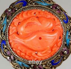 Exquisite Antique Chinese 19th c. Silver Enamel Coral Filigree Two Geese Brooch